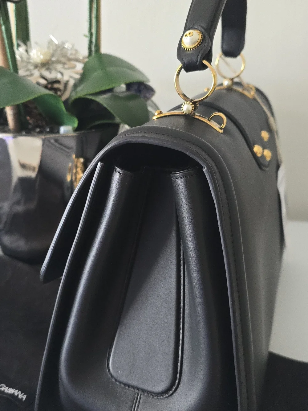 AUTH Dolce & Gabbana Amore Black Leather Top-Handle with Gold DG Logo, New